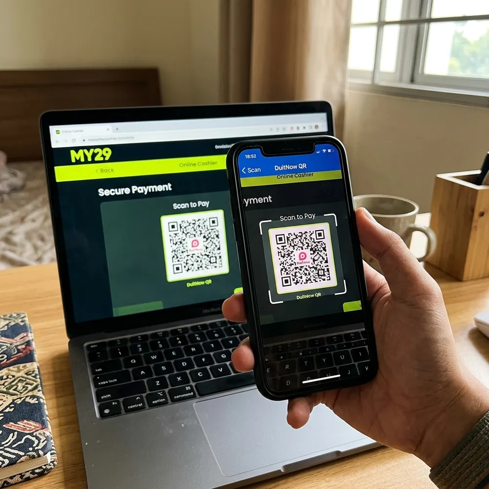 Player scanning the DuitNow QR code shown in the MY29 Casino cashier with the Touch 'n Go eWallet app