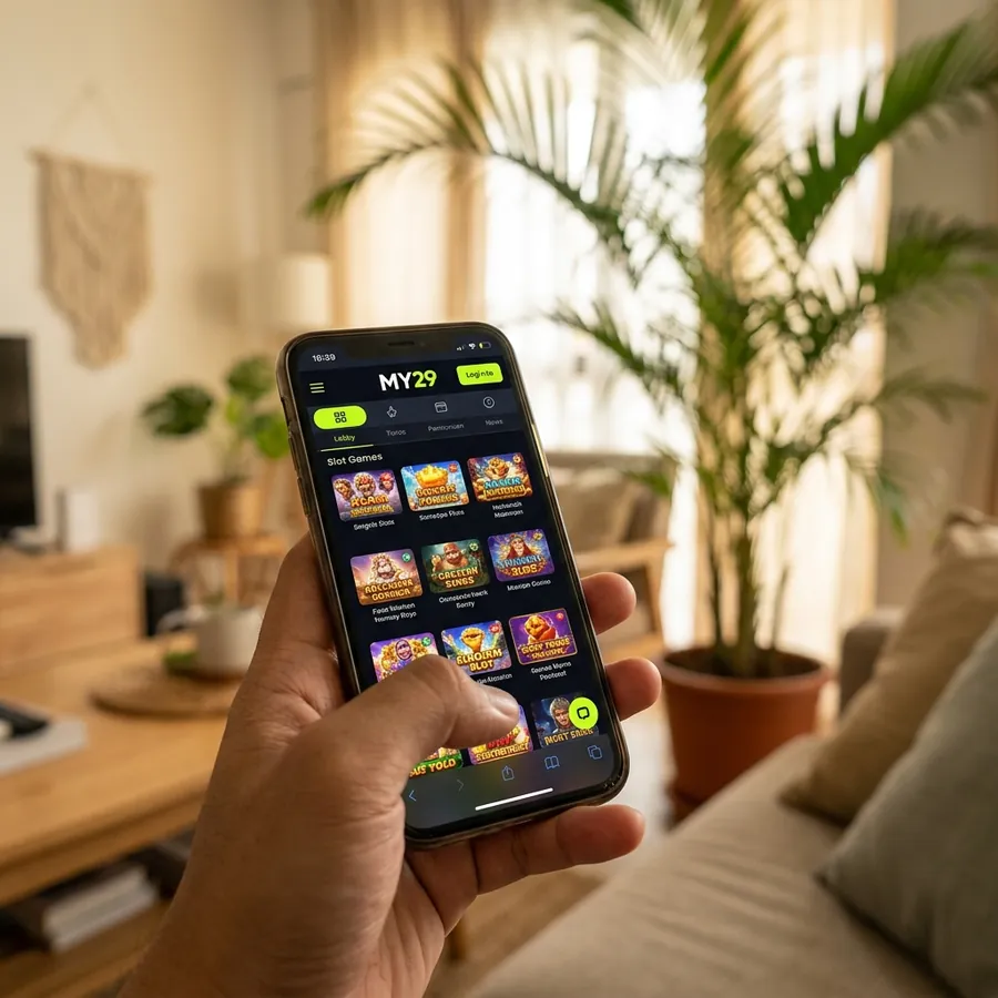 Malaysian player holding a phone showing the MY29 Casino live casino and games lobby