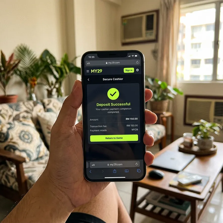 Malaysian player holding a phone showing a successful secure deposit confirmation on the MY29 Casino cashier