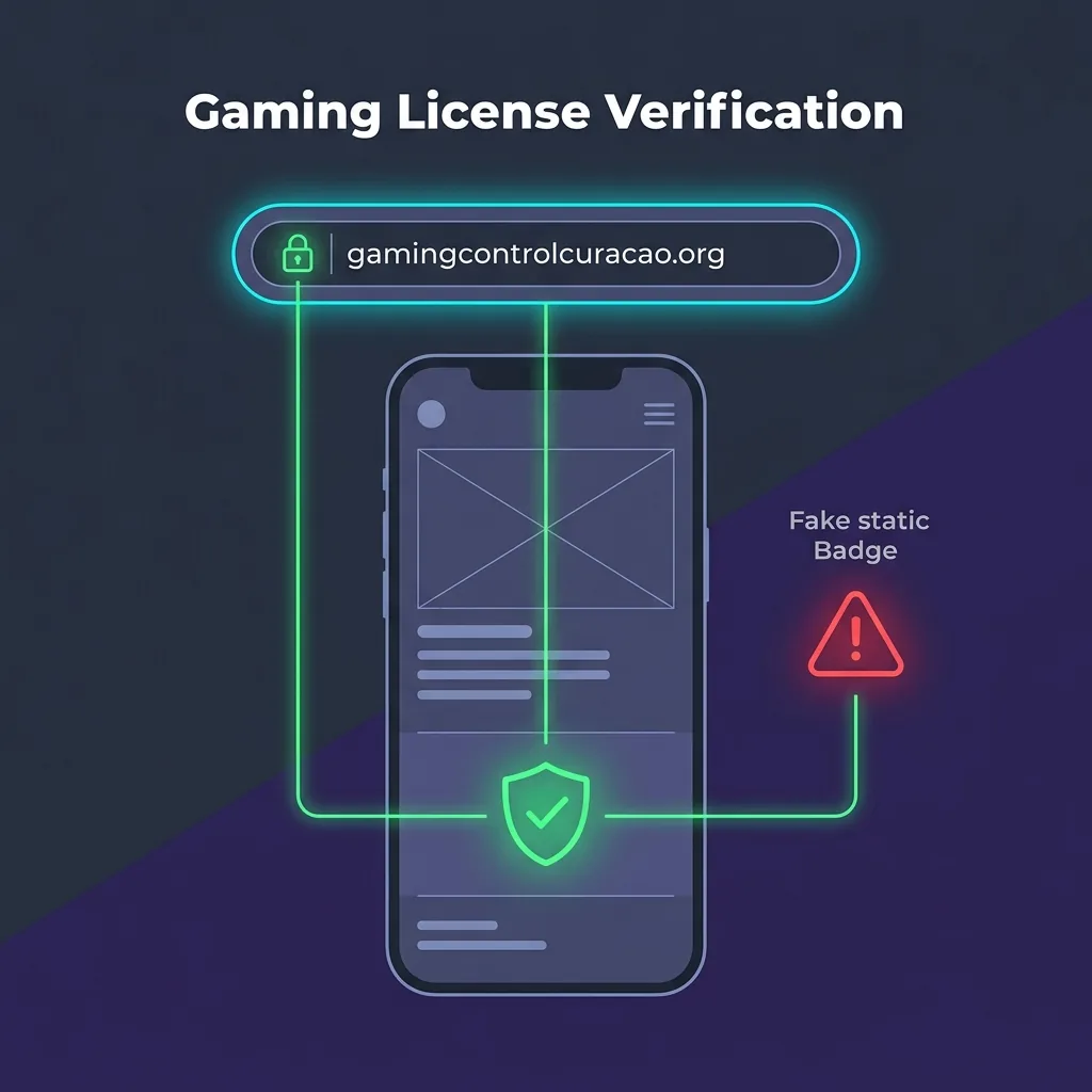 Diagram showing how to verify an online casino licence by clicking the regulator badge to open the certificate on the regulator's own domain