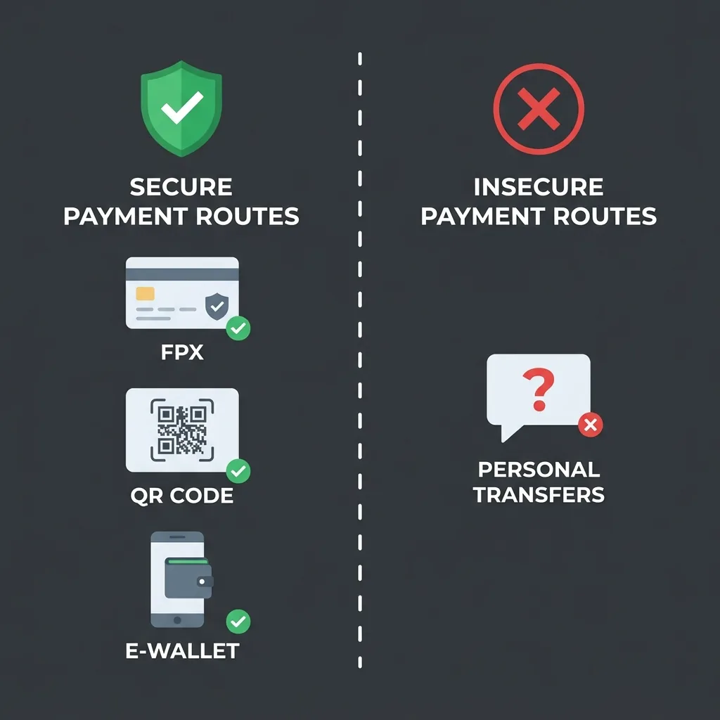 Diagram of a secure casino deposit authorised inside the player's own banking app using FPX, DuitNow QR, and Touch 'n Go